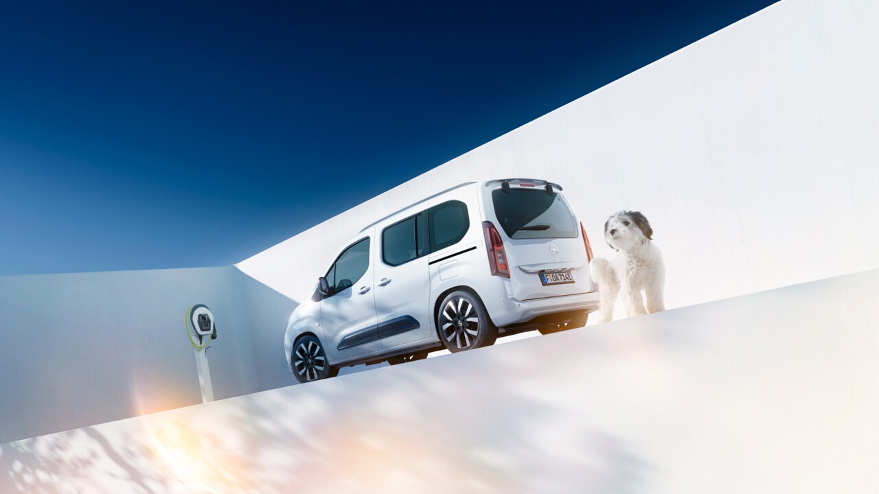 Vista lateral traseira de um Opel Combo Electric branco e de um cão junto a um carregador Wallbox